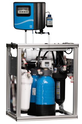 NeoPureMini Multi-stage diluate under-sink system mounted on a frame ready for connection
